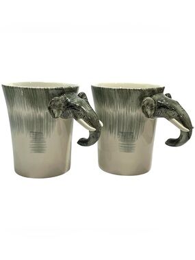 Vintage 1980s Pier 1 Imports Elephant Head Handled Ceramic Coffee Mugs (2)